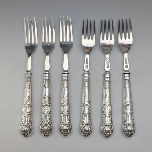 1923 British antique all-sterling silver fish cutlery set, 6 pairs, 653g, in wooden box, Alexander Clarke